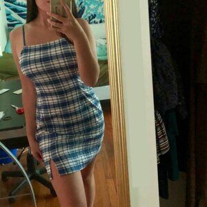 Urban Outfitters Women's White and Blue Gingham Tie-Back Dress